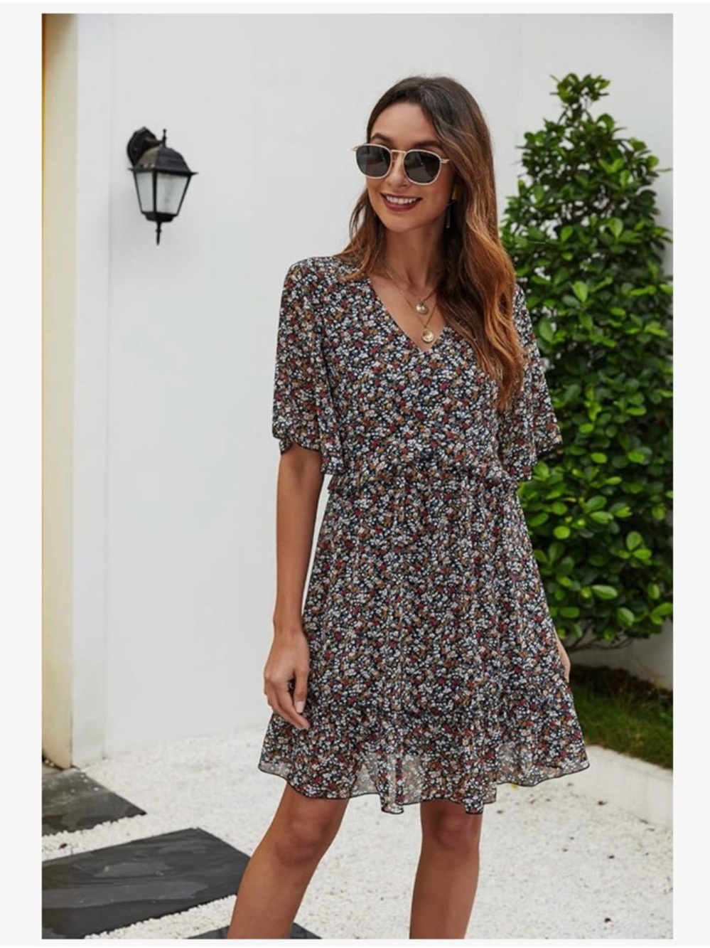 V-Neck Short Flutter Sleeve Mini Dress in Black Floral